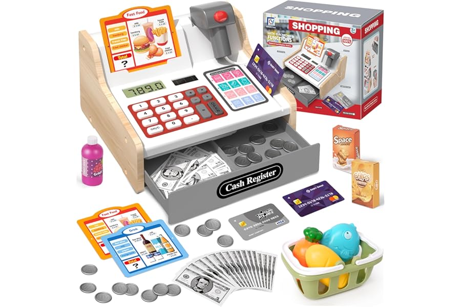 2026 Wooden Cash Register with Scanner Calculator Till Toy for Kids Ages 3+, Pretend Play Shop Toys Educational Gifts for Toddlers 3 Year Old Girls Boys, White & Grey