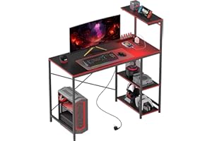 HOMCOM Mesa Gaming con Luces LED 110x50 cm Escritorio Gaming de Fibra de Carbono Mesa Gamer con Tomas de Corriente Estantes y Control Remoto para Oficina Estudio Negro