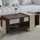 Meleni Orta Sehpa &ndash; 90 cm Modern Tasarım &ndash; Raflı, Traverten/Ceviz