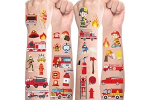‎SUNYOVIME Feuerwehr Tattoos für Kinder,10 Blätter Kindertattoos Hautfreundlich Feuerwehrmann Tattoo Kinder Jungen Cartoon Feuerwehrauto Sticker,Mitgebsel Kindergeburtstag Geschenke Party Deko Feuerwehrfest Deko