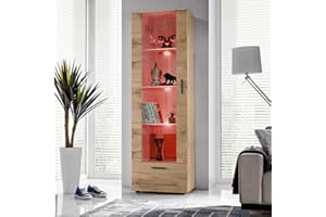 ‎KOMODEE Komodee, Vitrine Schrank Alessandria, Wotan/Wotan, Breite 60cm x Höhe 192cm x Tiefe 42cm, LED RGB, 3 Glasböden, 1 Regal aus laminierter Platte, für Wohnzimmer, Schlafzimmer