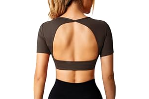 ZAAYO Camiseta deportiva para mujer, sin espalda, manga corta, con soporte para recortar, camiseta de punto de fitness y estiramiento