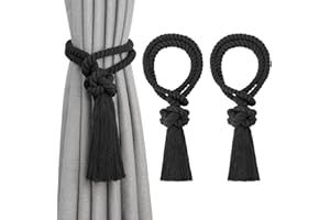 Pretty Jolly 2 Pack Natural Cotton Rope Tassel Curtain Tiebacks Boho Home Decor Drape Tie Backs Hand Woven Ball Curtain Holdbacks for Thin & Thick Home & Office Window Draperies (Black)