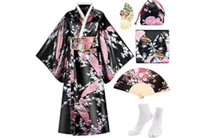 PLULON Robe kimono japonaise Geisha Yukata Robe de bain en Satin fleur de paon avec accessoires pour femmes