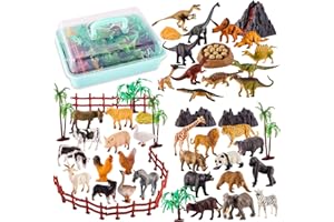 TOEY PLAY 3 in 1 Animali Giocattolo per Bambini, Animali Fattoria, Dinosauro Giocattolo, Animali Della Giungla, Giochi Bambini 3 4 5 6 Anni, 56 Pezzi, Mini Animali Realistici con Valigia