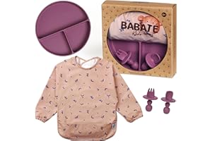 BABATÉ Kids - Pack Vajilla bebe silicona, Vajilla infantil, Plato bebe ventosa, Plato BLW, Babero con mangas impermeable, Cubiertos bebe 6 meses, Set bebe Baby Led Weaning, Mi Primera Vajilla lila