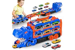BLmukce Dinosaurier Spielzeug für Jungen & Mädchen 2-5 Jahre, Rennstrecken LKW Transporter mit 12 Spielzeugautos, 150 cm Faltbarer Auto Carrier, Geschenk zum Geburtstag für Kinder 3-6 Jahre