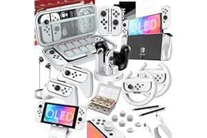 HEYSTOP Accesorios Étui pour Nintendo Switch OLED, 27 EN 1 Pochette Transport Kit Inclure Protection Coque pour Switch Oled,Protecteur D'écran HD,Housse Joycon,Volante Grip,Playstand,Thumb Grip-Blanc