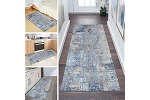 QQrunner Teppichläufer rutschfest Läufer Flur 40x100CM Küchenteppich Abstrakt Grau Blau Waschbar Meterware Schlafzimmer Korridor Teppich Lang, Länge Anpassbare, 40-120cm Breit