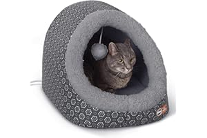 K&H Pet Products Thermo-Pet Cave Heated Cat Bed - Gray/Geo Flower 17 X 15 X 13 Inches