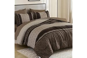 COTTOLESTER Boho Comforter Set King Size,Light Brown Striped Bed in a Bag,Fall Plaid Comforter and Sheet Set,Soft Microfiber Complete Bedding Sets