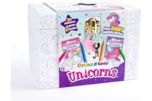 Bookoli - Colour and Keep Unicorn Activity Box - Colouring Kit with 2 Activity Books - 4 Mini Felt-Tip Pens - 30 Stickers - 1 Giant Puffy Sticker - Customisable Box - Gifts for Kids Ages 6 to 9 Years