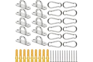 JMIATRY 12 Pcs M6 304 Stainless Steel Pad Eye Plate and 12 Pcs Carabiner Clips, Marine Hardware Staple Hook Loop with Screws and Plastic Plugs, Wall Anchor Ceiling Hook for Marine Hammock Rigging