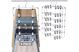 OBCARN Perchas Pantalones, 4 Piezas 6 in 1 Percha Falda, Perchas con 12 Pinzas Metálico, Percha Pantalones Multiple