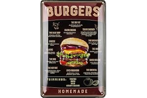 Retro plåtskyltar kök – BURGERS recept – grillplåtskylt – BBQ grillskylt – retro dekoration vintage – grillplats, trädgård, bar, köksdekoration – metallskyltar vintage med stansning på 20 x 30 cm