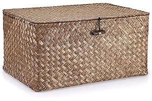 IGNPION Aufbewahrungskorb aus Seegras mit Deckel aus gewebtem Seegras für den Schreibtisch, Badezimmer, Aufbewahrungsbox, Regale dekorativer Korb, Mehrzweck-Aufbewahrungskorb (Kaffee, Groß)