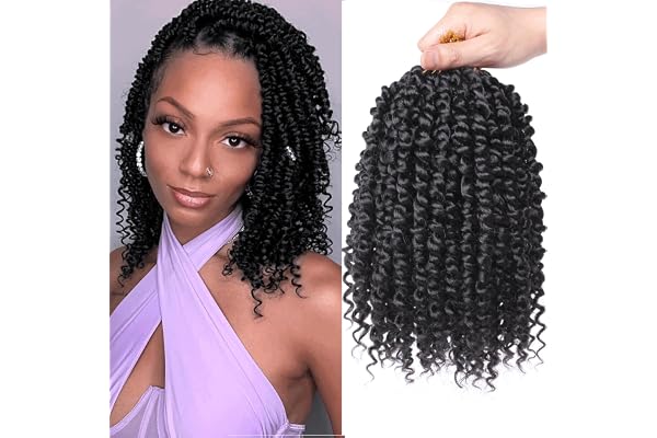 Xtrend 8 Pouces 8 Packs 12 Mèches/Pack Passion Twist Pré-Torsadés Courts Pré-Bouclés Cheveux Synthétiques Extensions de Tresses pour Femmes Noires (1B#)