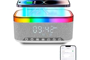BatdTech Lampe de Charge sans Fil, Reveil Chargeur Induction, Enceinte Bluetooth avec éclairage d'ambiance synchronisé avec la Musique, Réveil numérique,pour Chambre/Camping/décor de Salon