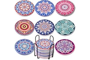 Newk Untersetzer für Getränke, Set mit 8 absorbierenden Keramik-Untersetzern mit Metallhalter, Mandala-Untersetzer für Couchtisch, tolle Einzugsgeschenke