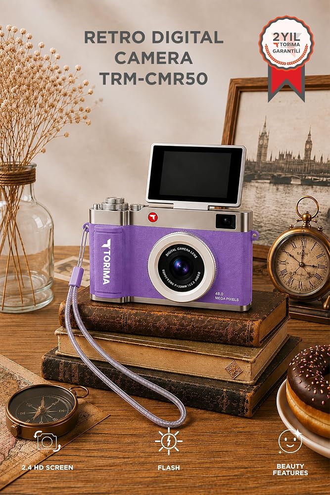 Mini Dijital Retro Kamera CMR50 Mor 48MP Selfie Video Vlog Kamerası