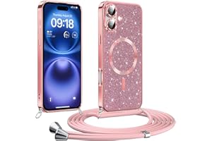 Phoona handyband Hülle für iPhone 16 mit Band, Glitzer Handyhülle Kompatibel mit MagSafe, Ganzkörperschutz Kratzfeste Stossfest Schutzhülle mit Einstellbar Kette, Rosa