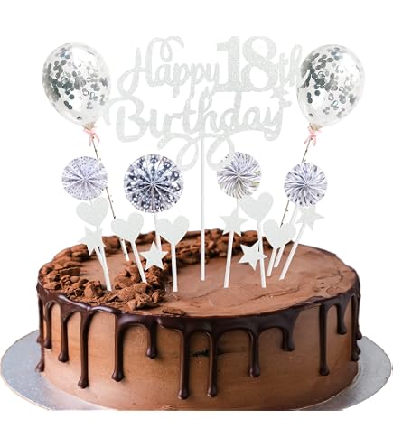 18. Geburtstag Kuchen-Deko-Set – Mit Herz, Stern, Ballon & Papierfächer-Toppern, Silber