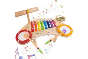 JUSTWOOD 6 in 1 Holz Schlagzeug Schlagwerk Kinder Trommel Set, Musikspielzeug Musikinstrumente für Kinder ab 1 Jahr, Kinderschlagzeug Lernspielzeug Geschenk für Jungen Mädchen 1 2 3 Jahre alt