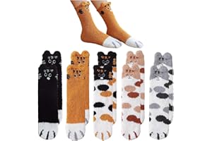 NyxSeat 5 par pluszowych skarpet z kocimi łapami zimowych puszystych koralowych polarowych ciepłych skarpet do spania, Czarny cętkowany, nakrapiany khaki, cętkowany żółty, wszystkie żółte, wszystkie
