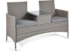 VonHaus Rattan Love Seat for Garden - Grey PE Wicker Outdoor Jack and Jill Seat for 2 People - Weatherproof Loveseat with Glass Tabletop for Patio & Terrace - Tete a Tete with Removable Cushions