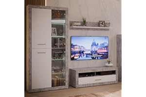 Forte Finley Wohnwand 330, Moderne Wohnwand mit TV Schrank, Vitrine, Wandpaneel und Kommode, Holzwerkstoff, Weiß mit Betonoptik Akzenten, 328,4 cm breit x 193,7 cm hoch x 41 cm tief