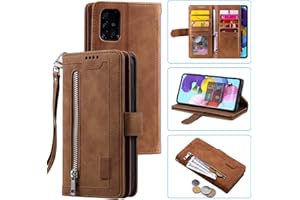 EYZUTAK Mobile Phone Case for Samsung Galaxy A51 Case, Flip Case, Leather Case, Zip, Magnetic Closure, Wallet with 9 Card Slots, Stand Funtion, Retro Matte Leather Case - Brown