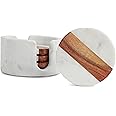 DREAMY WALLS Marble Coasters Set of 4 with Holder, Acacia Wood Inlay, Dining Table Coasters for Hot Pots Tea & Coffee Mugs Table Coasters Decorative Items for Home Decor