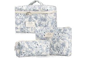 POWZOO Lot de 3 Trousse de Toilette Femme Voyage,Motif Floral Trousse de Maquillage en Coton,Trousse Maquillage Femme,Pochette de Rangement,Makeup Bag Grande Capacité,pour Fille Femme.(Bleu)