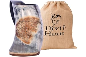 DIVIT HORN Chope à boire de style Viking Divit | Authentique chope en corne de bière médiévale | Capacité de 700 mL (24 oz) | Coupe en corne de la plus haute qualité (Fenrir, Polie)