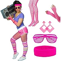 LOPOTIN 5TLG 80er Jahre Kostüm Zubehör 90er Stirnband Neon Damen Outfit 90er Kleidung Accessoires 1980s Fluoreszierendes…