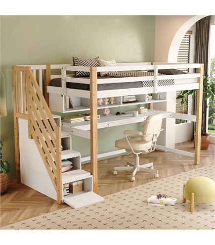 Lit Mezzanine Enfant 90x200 Cm Avec Bureau – Bois Blanc, Tiroirs, échelle, Sans Matelas