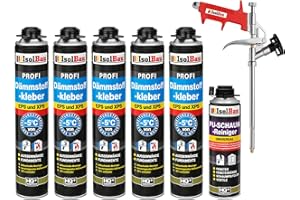 Isolbau B2 Dämmstoffkleber SET - 5 x 750 ml Perimeterkleber, 1 x PU-Schaum-Reiniger & 1x Schaumpistole für EPS & XPS-Platten - 1K PU-Klebeschaum für Fixieren und Isolieren