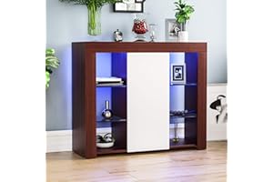 Vida Designs Credenza Moderna a 1 Anta a LED in Noce e Bianco, Luci Rgb (Opzioni di Dissolvenza/Stroboscopica Incluse), in Legno Opaco con Caratteristiche Lucide, Large