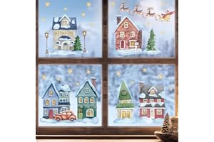 GEBETTER 6 Fogli Vetrofanie Natalizie per Finestre, Adesivi Natalizi per Finestre Albero di Natale Casetta Stella, Sticker Natalizi Decorazione Addobbi Vetrina Vetro Natale