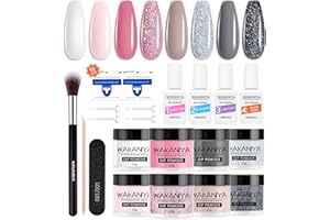 wakaniya Kit de démarrage de poudre de trempage à ongles, 8 couleurs nude rose pailleté avec base activateur de couche de finition, kits de manucure pour salon de manucure français et professionnel
