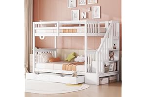 Rtopsu Etagenbett Kinderbett 90x200 cm für 2 Kinder, Hochbett Holzbett mit Treppe und 2 Stauraum Schubladen, Bett mit Rausfallschutz und Lagerregal, Hausbett mit Lattenrost, Weiß, Ohne Matratze