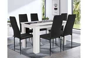 Blisswood Dining Table Set, Dining Table And Chair Set, Pu Leather Dining Room Chairs and 17mm Thick Table Top Long Modern Dining Table Set (White & Black Dining Table And 6 Black Chair)