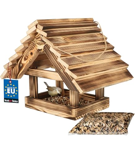 Mangeoire Oiseaux Bois 36x25cm Avec Support - Distributeur Nourriture Oiseaux Sauvages - Résistant Intempéries