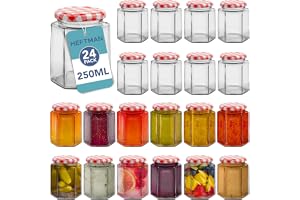 HEFTMAN Små glasburkar med lock, 24-pack, lufttäta syltburkar, 250 ml, med röda ginghamlock, som inläggningsburkar, glasburkar för ljustillverkning, konservburkar, hexagonformade småburkar (tom)