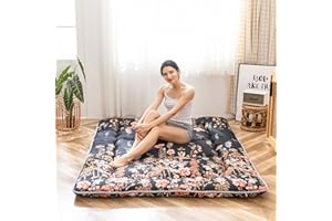 MAXYOYO Colchón de piso japonés Futón, colchoneta de tatami espesa, almohadilla de dormir plegable enrollable, colchón para dormitorio, tumbona de suelo, cama (color negro floral, King)