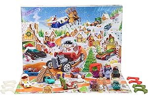 Hot Wheels Toy Cars & Playset, 2025 Advent Calendar with 10 Vehicles in 1:64 Scale, 10 Ornament Clips & 14 Winter-Themed Accessories, JCB47