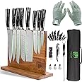 FULLHI 15pcs Japanese Knife Set with Magnetic Knife Block Holder, Japan Stainless Steel Blades, Black Resin Ergonomic Handles for Professional and Home Cooking