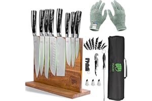 FULLHI Juego de 15 Cuchillos Japoneses con Portacuchillos Magnético, Hojas de Acero Inoxidable Japonés, Mangos Ergonómicos de Resina Negra para Cocina Profesional y Casera