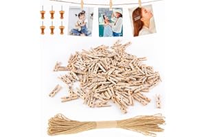Furuising 150 Piezas Pinzas de Ropa Mini, 3cm Pinzas Pequeñas para Fotos, Natural Mini Pinzas de Madera con Cuerda de Yute de 10m y 6 Tachuelas para Fotografías Decorativas de Hogar y Manualidades