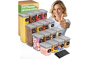 Homhut Botes Cocina Almacenaje 18 Piezas, Recipientes Herméticos para Alimentos, Tarros Cocina Almacenaje de Plástico con Tapa para Cereales Harina Café Pastas